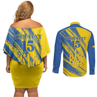 Custom Ukraine Football Couples Matching Off Shoulder Short Dress and Long Sleeve Button Shirt Blue And Yellow Grunge Style - Wonder Print Shop
