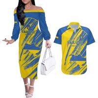 Custom Ukraine Football Couples Matching Off The Shoulder Long Sleeve Dress and Hawaiian Shirt Blue And Yellow Grunge Style - Wonder Print Shop