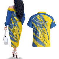 Custom Ukraine Football Couples Matching Off The Shoulder Long Sleeve Dress and Hawaiian Shirt Blue And Yellow Grunge Style - Wonder Print Shop