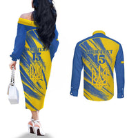 Custom Ukraine Football Couples Matching Off The Shoulder Long Sleeve Dress and Long Sleeve Button Shirt Blue And Yellow Grunge Style - Wonder Print Shop