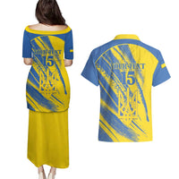 Custom Ukraine Football Couples Matching Puletasi and Hawaiian Shirt Blue And Yellow Grunge Style - Wonder Print Shop