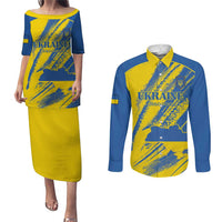 Custom Ukraine Football Couples Matching Puletasi and Long Sleeve Button Shirt Blue And Yellow Grunge Style - Wonder Print Shop