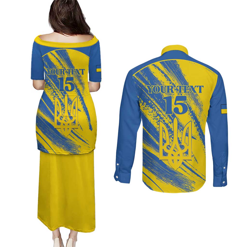 Custom Ukraine Football Couples Matching Puletasi and Long Sleeve Button Shirt Blue And Yellow Grunge Style - Wonder Print Shop