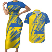 Custom Ukraine Football Couples Matching Short Sleeve Bodycon Dress and Hawaiian Shirt Blue And Yellow Grunge Style - Wonder Print Shop