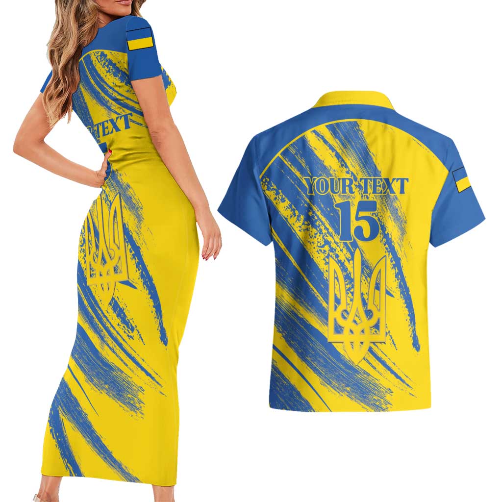 Custom Ukraine Football Couples Matching Short Sleeve Bodycon Dress and Hawaiian Shirt Blue And Yellow Grunge Style - Wonder Print Shop