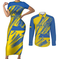 Custom Ukraine Football Couples Matching Short Sleeve Bodycon Dress and Long Sleeve Button Shirt Blue And Yellow Grunge Style - Wonder Print Shop