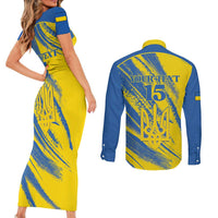 Custom Ukraine Football Couples Matching Short Sleeve Bodycon Dress and Long Sleeve Button Shirt Blue And Yellow Grunge Style - Wonder Print Shop