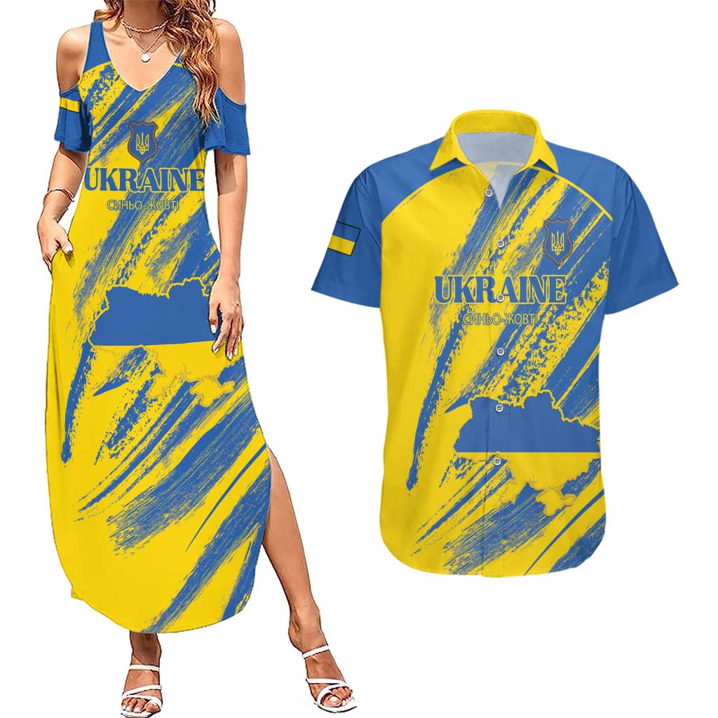 Custom Ukraine Football Couples Matching Summer Maxi Dress and Hawaiian Shirt Blue And Yellow Grunge Style - Wonder Print Shop