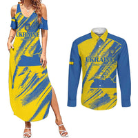Custom Ukraine Football Couples Matching Summer Maxi Dress and Long Sleeve Button Shirt Blue And Yellow Grunge Style - Wonder Print Shop