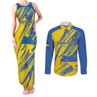 Custom Ukraine Football Couples Matching Tank Maxi Dress and Long Sleeve Button Shirt Blue And Yellow Grunge Style - Wonder Print Shop