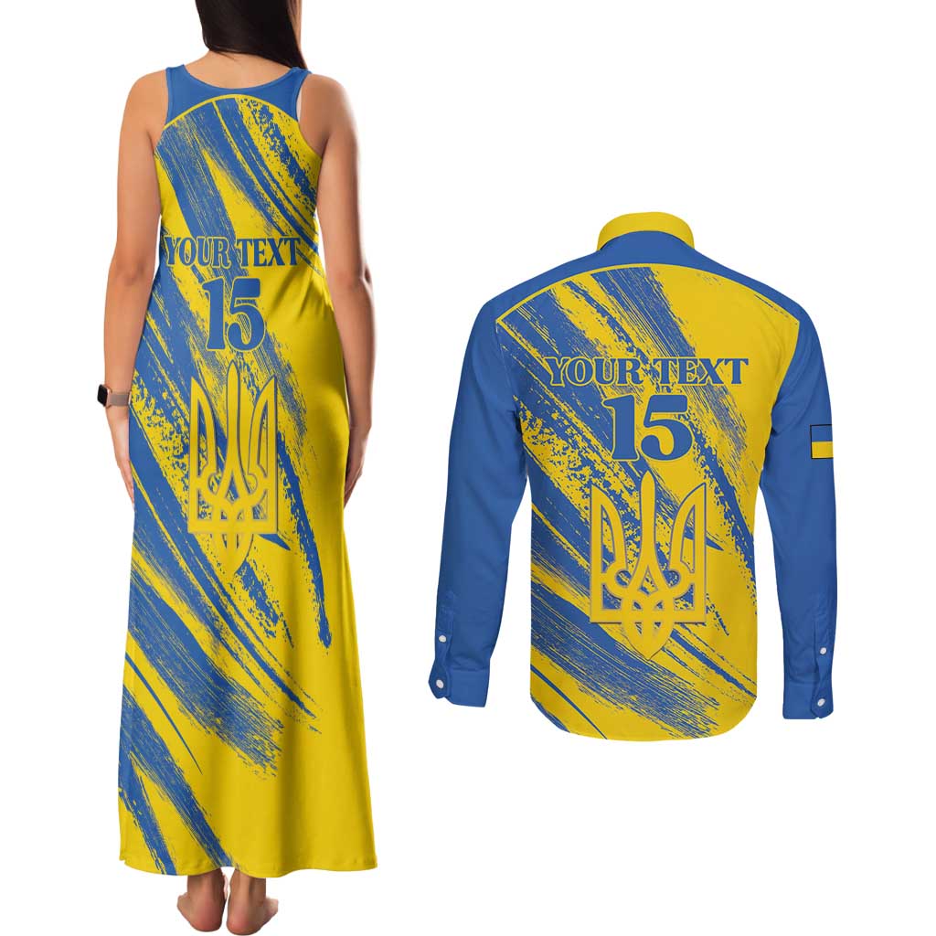Custom Ukraine Football Couples Matching Tank Maxi Dress and Long Sleeve Button Shirt Blue And Yellow Grunge Style - Wonder Print Shop