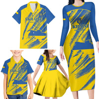 Custom Ukraine Football Family Matching Long Sleeve Bodycon Dress and Hawaiian Shirt Blue And Yellow Grunge Style - Wonder Print Shop