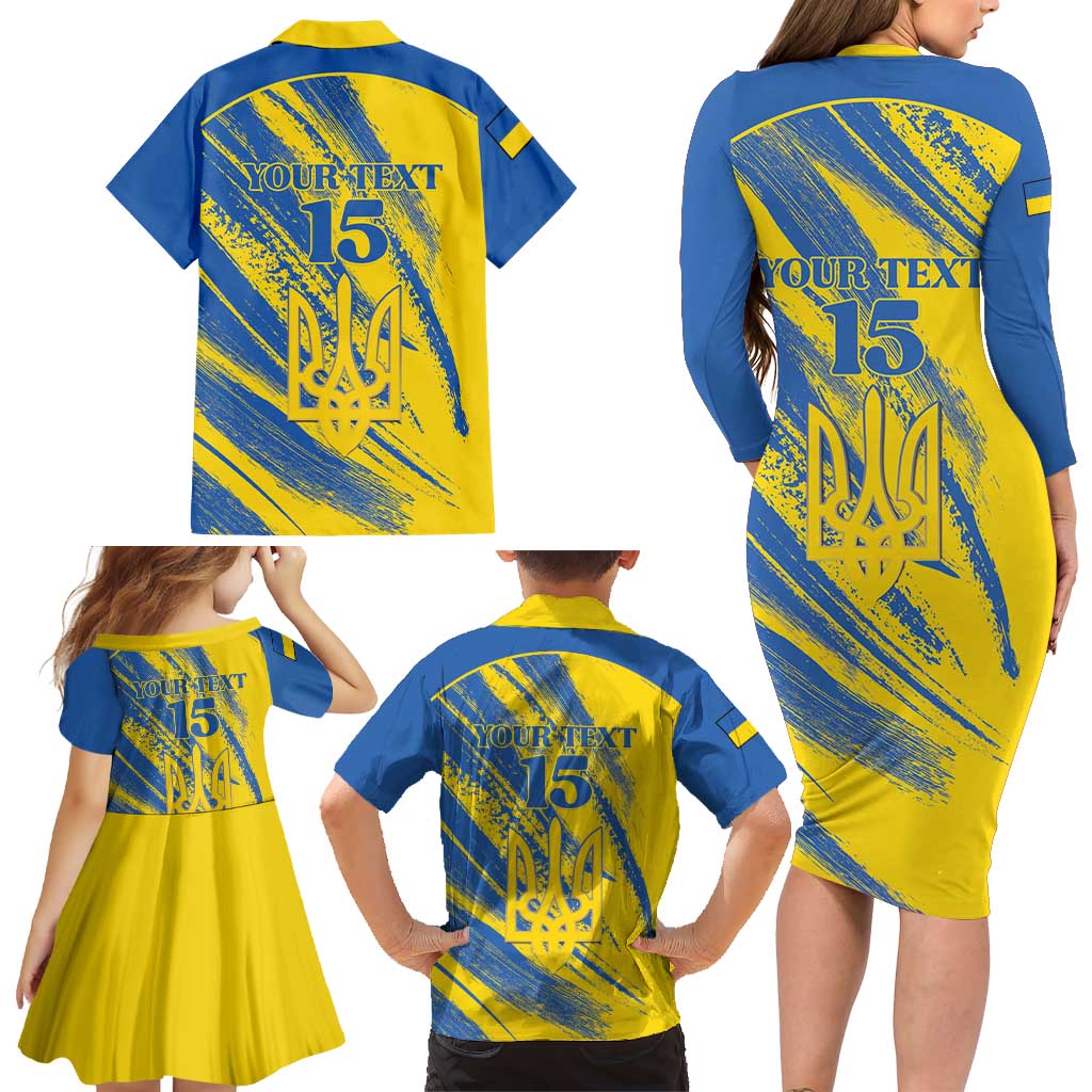 Custom Ukraine Football Family Matching Long Sleeve Bodycon Dress and Hawaiian Shirt Blue And Yellow Grunge Style - Wonder Print Shop