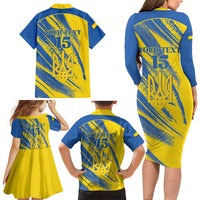 Custom Ukraine Football Family Matching Long Sleeve Bodycon Dress and Hawaiian Shirt Blue And Yellow Grunge Style - Wonder Print Shop