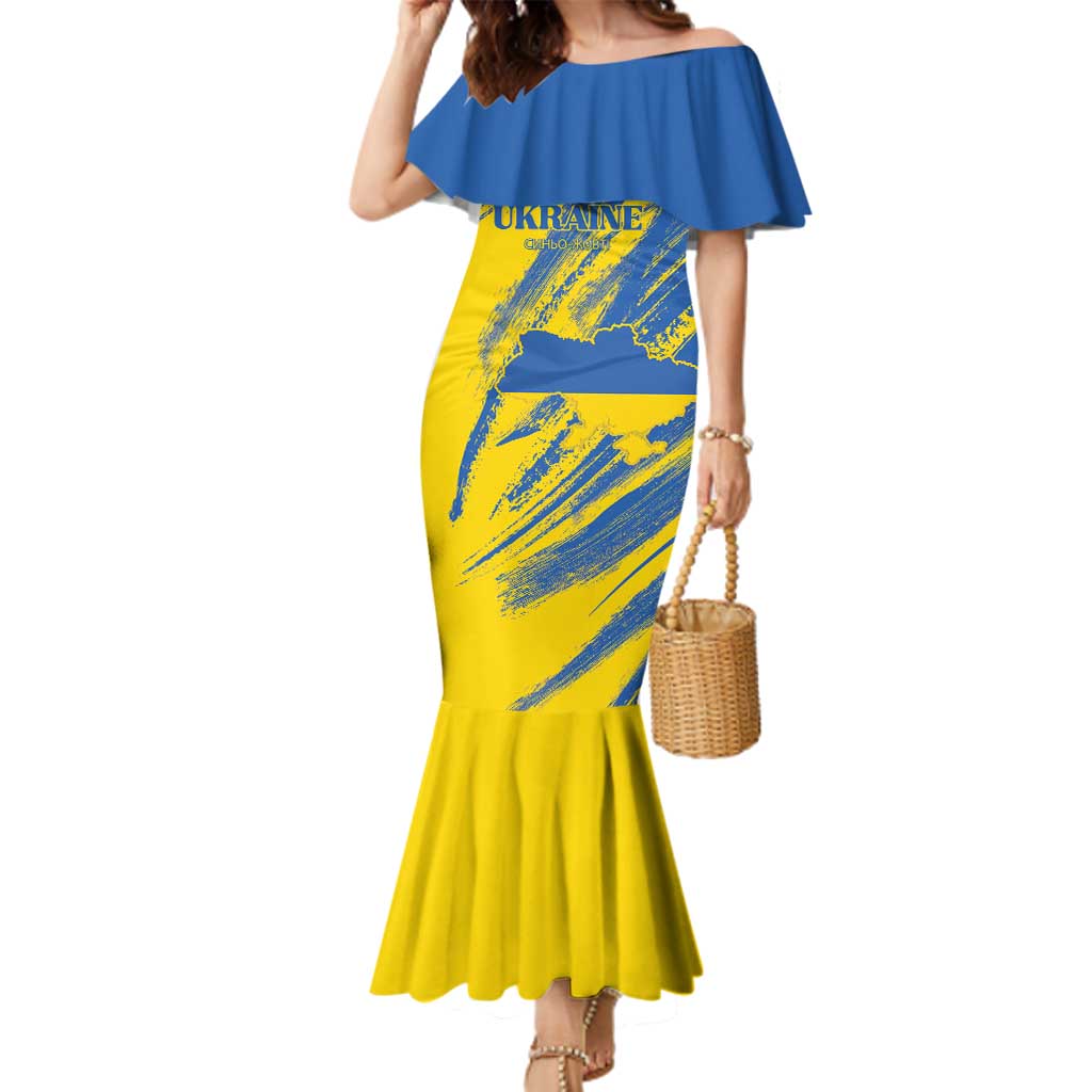 Custom Ukraine Football Family Matching Mermaid Dress and Hawaiian Shirt Blue And Yellow Grunge Style - Wonder Print Shop