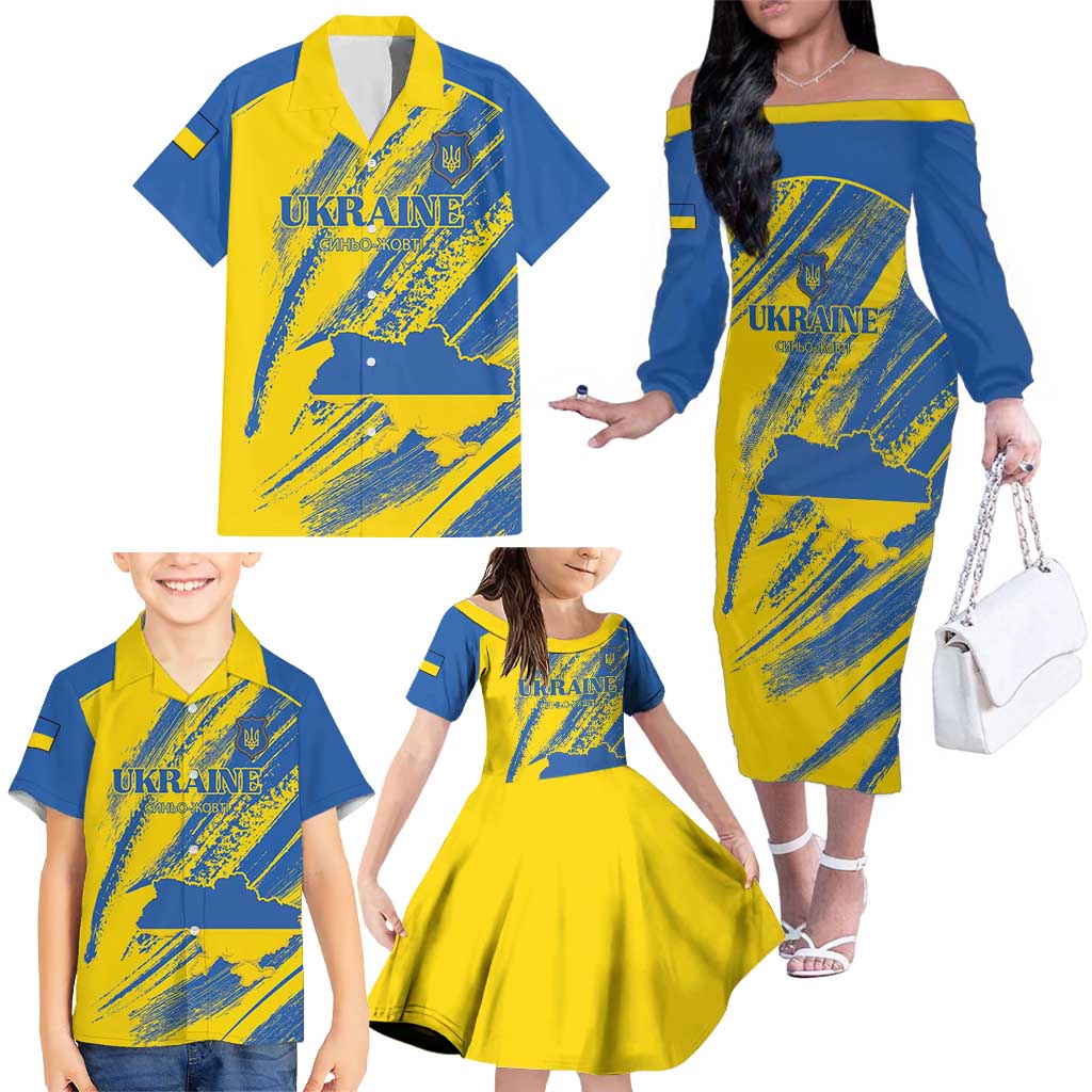 Custom Ukraine Football Family Matching Off The Shoulder Long Sleeve Dress and Hawaiian Shirt Blue And Yellow Grunge Style - Wonder Print Shop