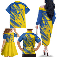 Custom Ukraine Football Family Matching Off The Shoulder Long Sleeve Dress and Hawaiian Shirt Blue And Yellow Grunge Style - Wonder Print Shop