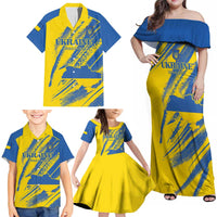 Custom Ukraine Football Family Matching Off Shoulder Maxi Dress and Hawaiian Shirt Blue And Yellow Grunge Style - Wonder Print Shop