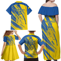 Custom Ukraine Football Family Matching Off Shoulder Maxi Dress and Hawaiian Shirt Blue And Yellow Grunge Style - Wonder Print Shop