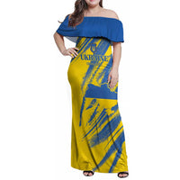 Custom Ukraine Football Family Matching Off Shoulder Maxi Dress and Hawaiian Shirt Blue And Yellow Grunge Style - Wonder Print Shop