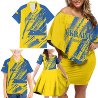 Custom Ukraine Football Family Matching Off Shoulder Short Dress and Hawaiian Shirt Blue And Yellow Grunge Style - Wonder Print Shop