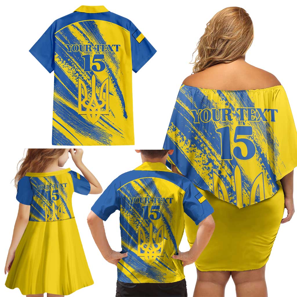 Custom Ukraine Football Family Matching Off Shoulder Short Dress and Hawaiian Shirt Blue And Yellow Grunge Style - Wonder Print Shop