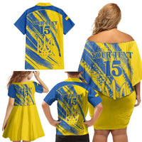 Custom Ukraine Football Family Matching Off Shoulder Short Dress and Hawaiian Shirt Blue And Yellow Grunge Style - Wonder Print Shop