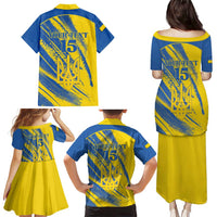 Custom Ukraine Football Family Matching Puletasi and Hawaiian Shirt Blue And Yellow Grunge Style - Wonder Print Shop