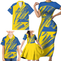Custom Ukraine Football Family Matching Short Sleeve Bodycon Dress and Hawaiian Shirt Blue And Yellow Grunge Style - Wonder Print Shop