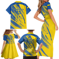 Custom Ukraine Football Family Matching Short Sleeve Bodycon Dress and Hawaiian Shirt Blue And Yellow Grunge Style - Wonder Print Shop