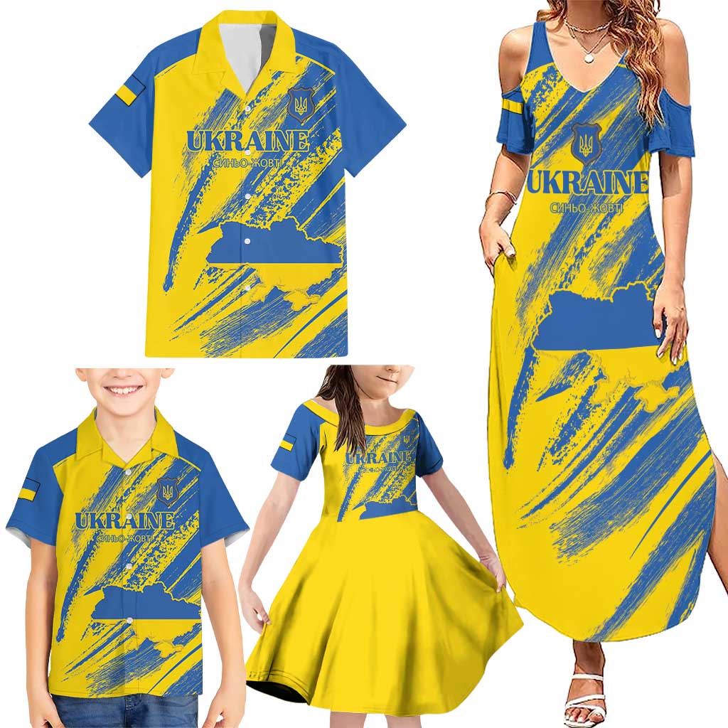 Custom Ukraine Football Family Matching Summer Maxi Dress and Hawaiian Shirt Blue And Yellow Grunge Style - Wonder Print Shop