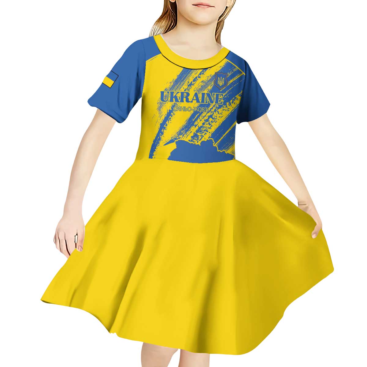 Custom Ukraine Football Kid Short Sleeve Dress Blue And Yellow Grunge Style - Wonder Print Shop