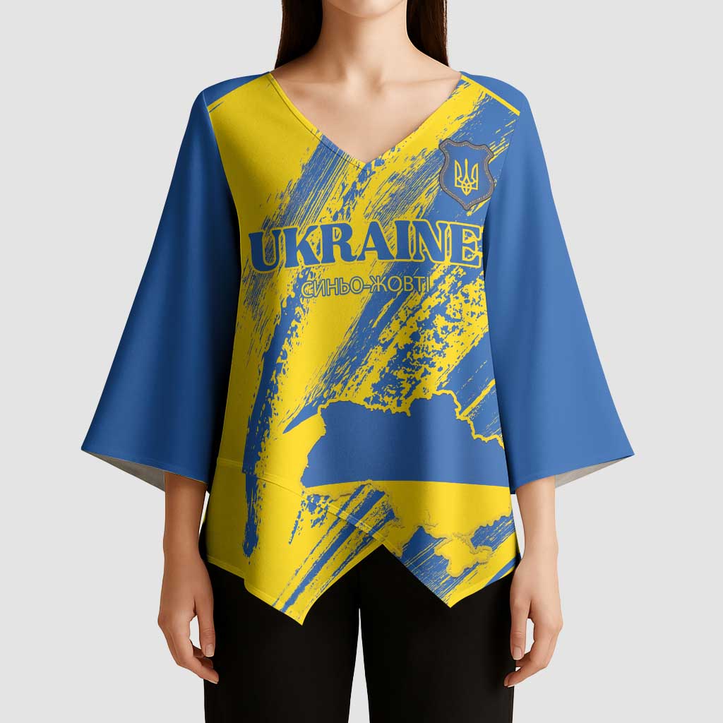 Custom Ukraine Football Kimono Sleeve Blouse Blue And Yellow Grunge Style - Wonder Print Shop
