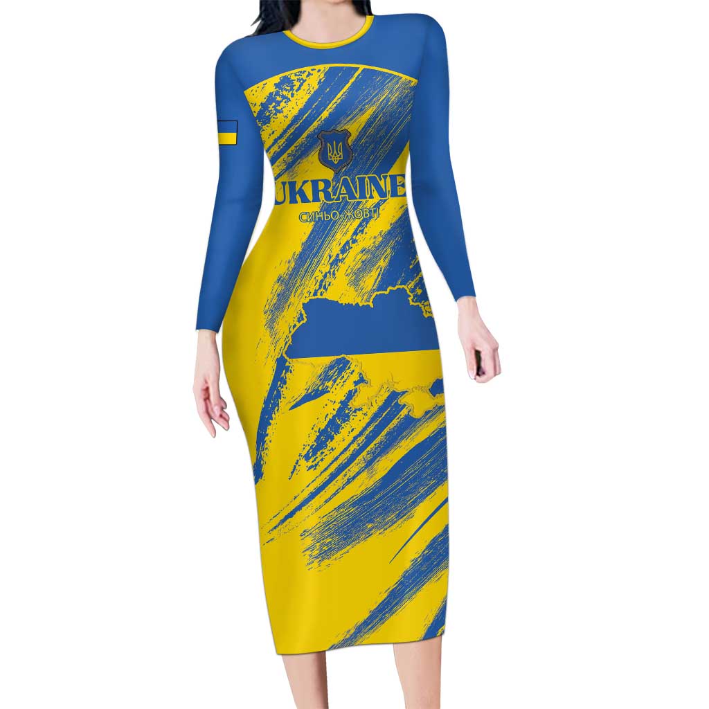 Custom Ukraine Football Long Sleeve Bodycon Dress Blue And Yellow Grunge Style - Wonder Print Shop