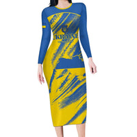 Custom Ukraine Football Long Sleeve Bodycon Dress Blue And Yellow Grunge Style - Wonder Print Shop
