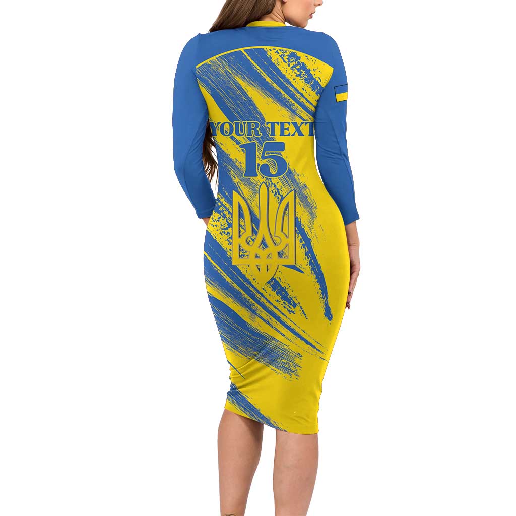 Custom Ukraine Football Long Sleeve Bodycon Dress Blue And Yellow Grunge Style - Wonder Print Shop