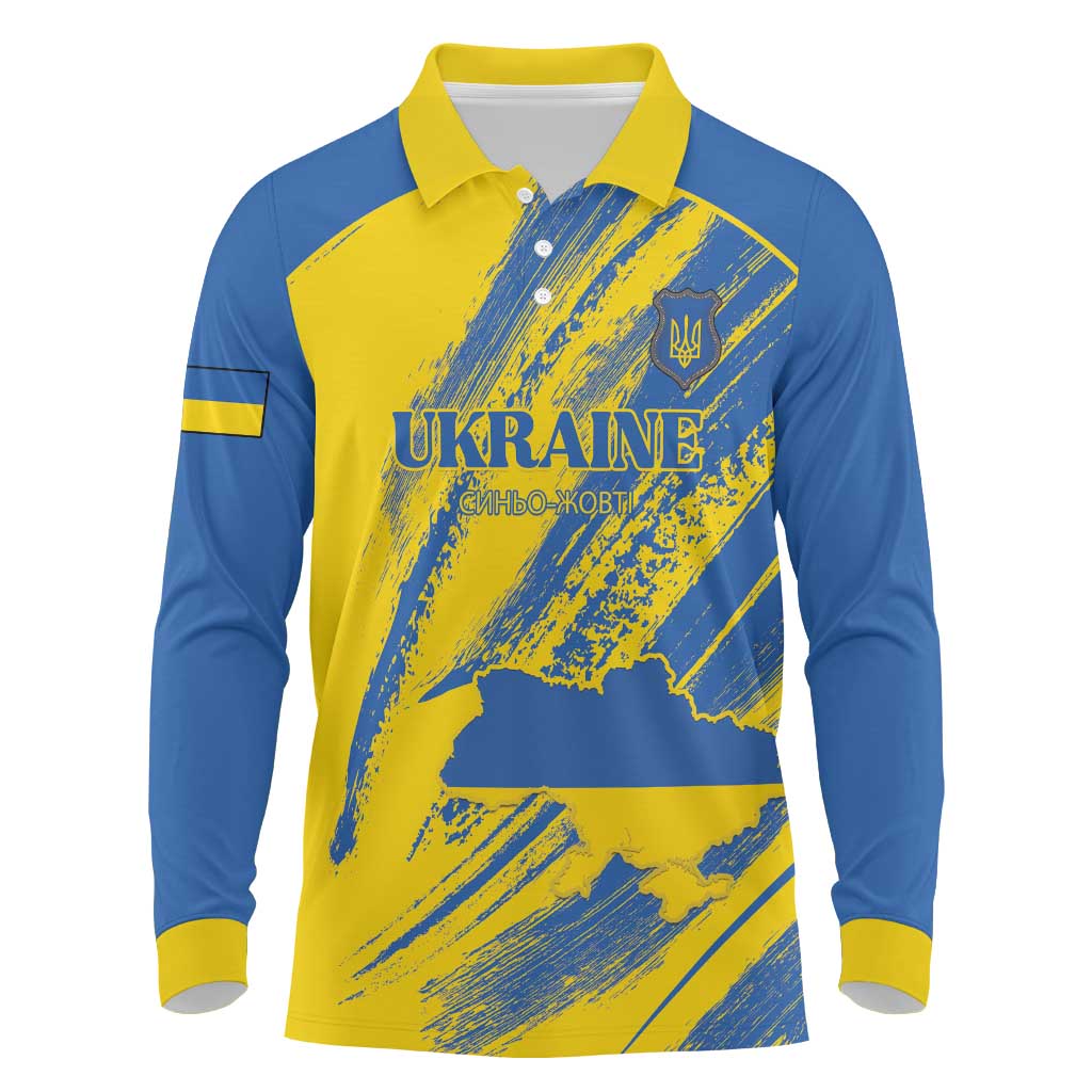 Custom Ukraine Football Long Sleeve Polo Shirt Blue And Yellow Grunge Style - Wonder Print Shop