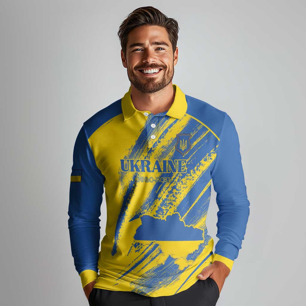Custom Ukraine Football Long Sleeve Polo Shirt Blue And Yellow Grunge Style - Wonder Print Shop