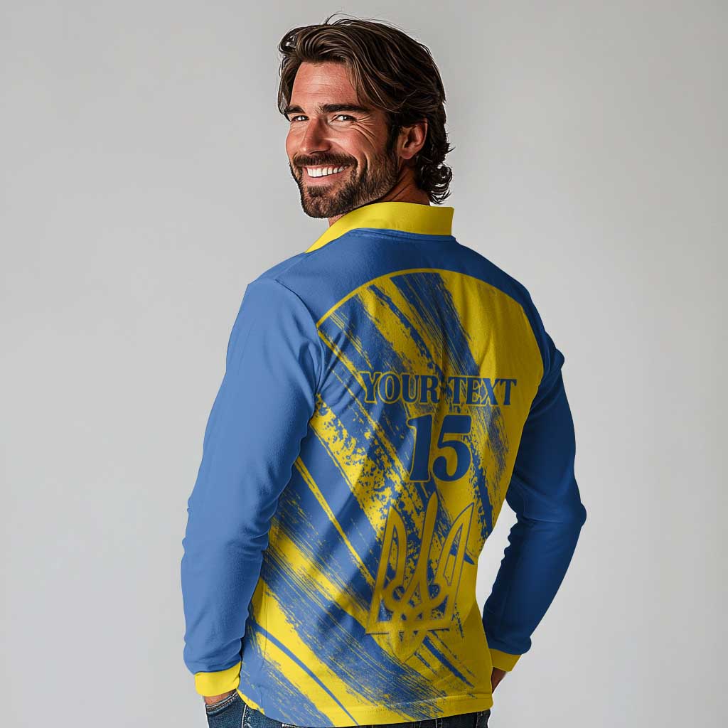 Custom Ukraine Football Long Sleeve Polo Shirt Blue And Yellow Grunge Style - Wonder Print Shop
