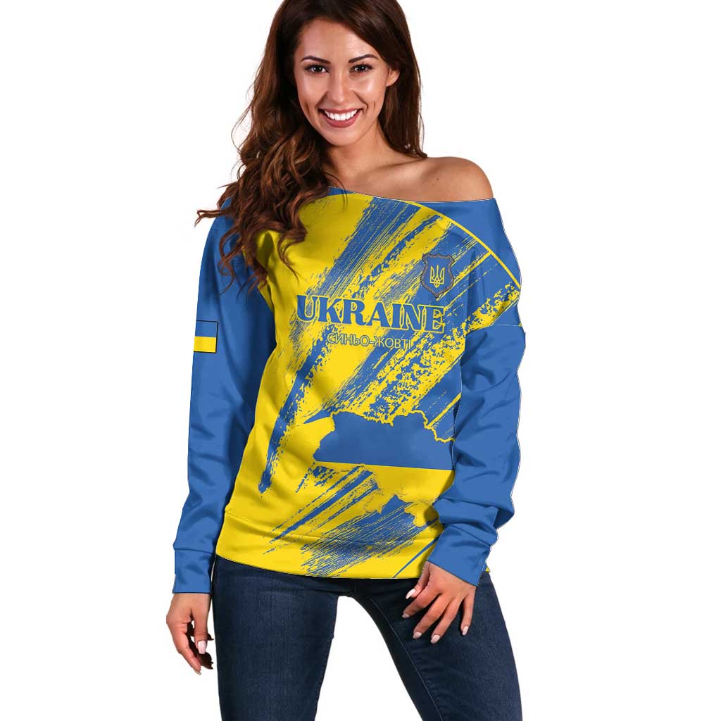 Custom Ukraine Football Off Shoulder Sweater Blue And Yellow Grunge Style - Wonder Print Shop