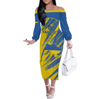 Custom Ukraine Football Off The Shoulder Long Sleeve Dress Blue And Yellow Grunge Style - Wonder Print Shop