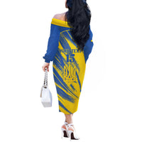 Custom Ukraine Football Off The Shoulder Long Sleeve Dress Blue And Yellow Grunge Style - Wonder Print Shop