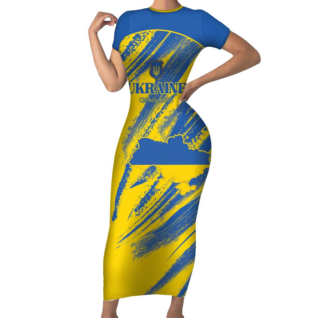 Custom Ukraine Football Short Sleeve Bodycon Dress Blue And Yellow Grunge Style - Wonder Print Shop