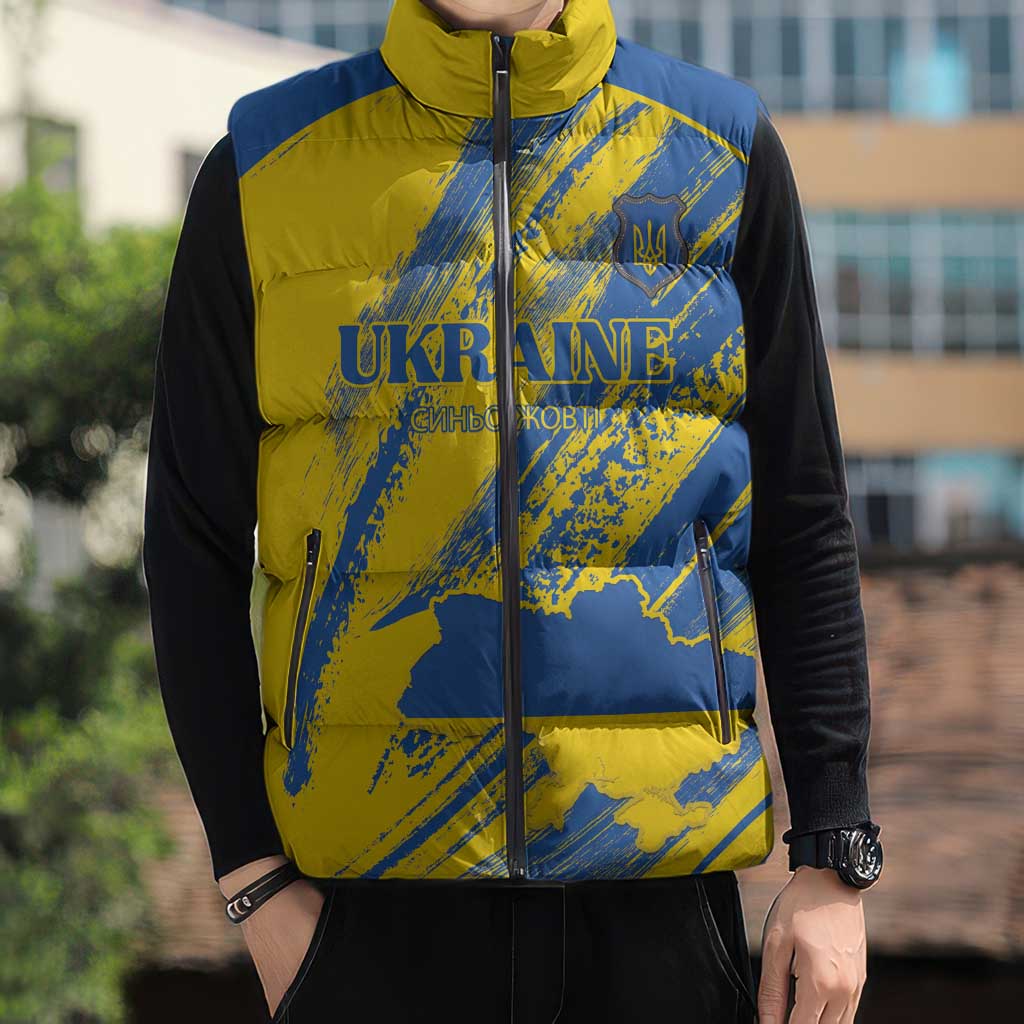 Custom Ukraine Football Sleeveless Puffer Jacket Blue And Yellow Grunge Style - Wonder Print Shop