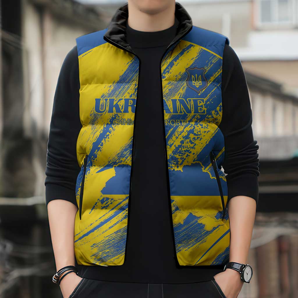 Custom Ukraine Football Sleeveless Puffer Jacket Blue And Yellow Grunge Style - Wonder Print Shop