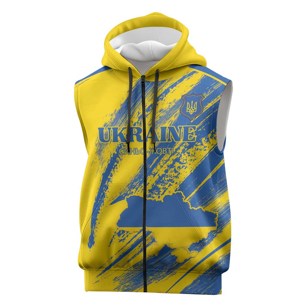 Custom Ukraine Football Sleeveless Zip Hoodie Blue And Yellow Grunge Style - Wonder Print Shop