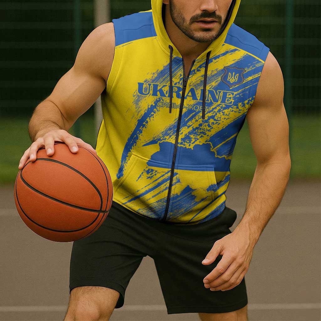 Custom Ukraine Football Sleeveless Zip Hoodie Blue And Yellow Grunge Style - Wonder Print Shop