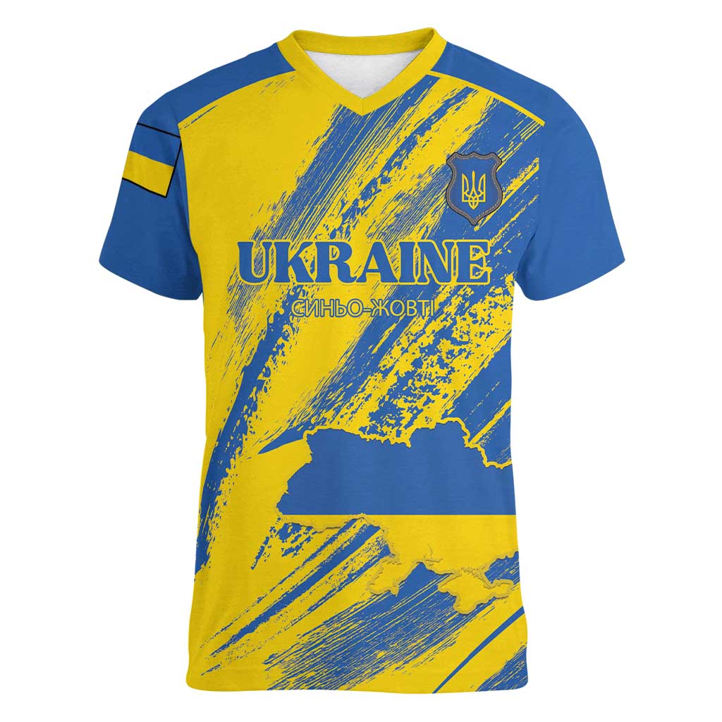 Custom Ukraine Football Women V-Neck T-Shirt Blue And Yellow Grunge Style - Wonder Print Shop