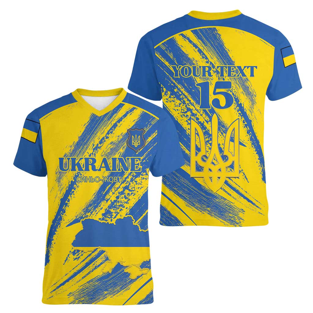 Custom Ukraine Football Women V-Neck T-Shirt Blue And Yellow Grunge Style - Wonder Print Shop