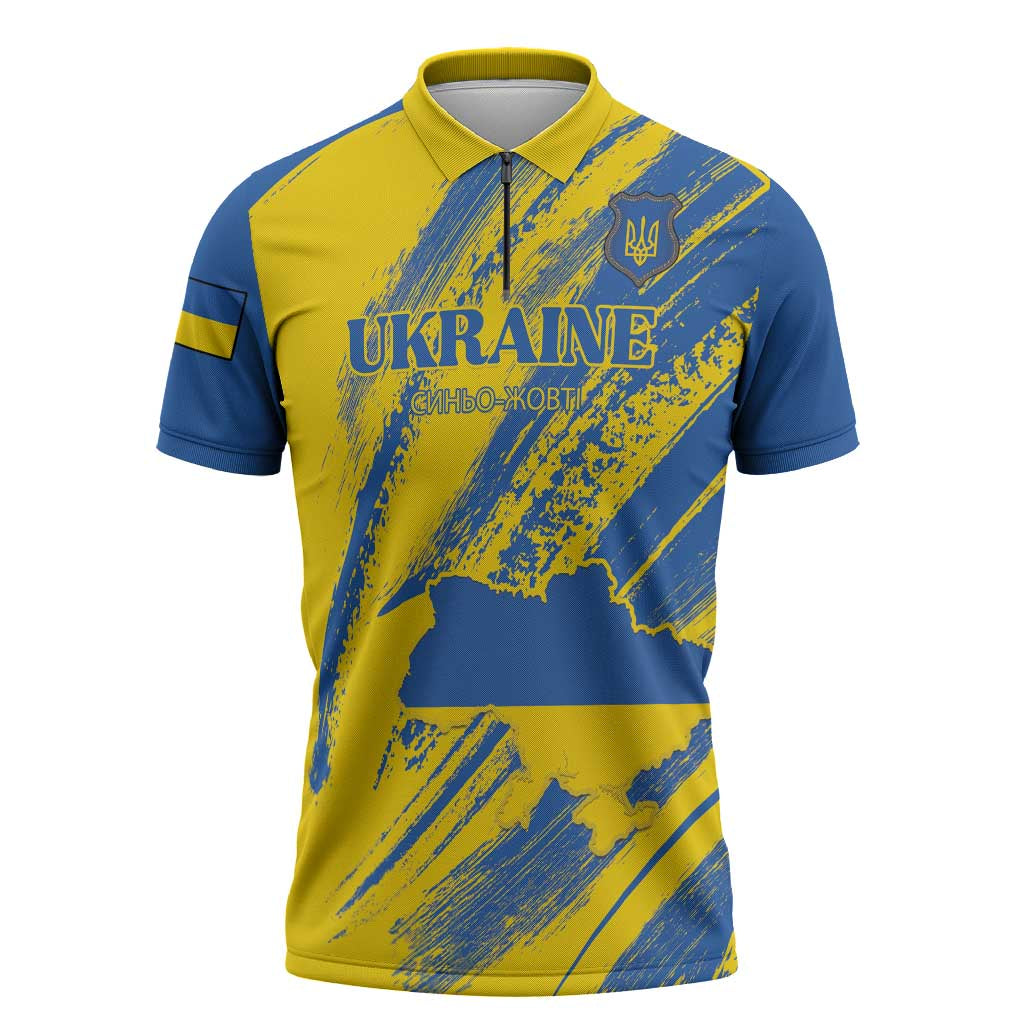 Custom Ukraine Football Zipper Polo Shirt Blue And Yellow Grunge Style - Wonder Print Shop